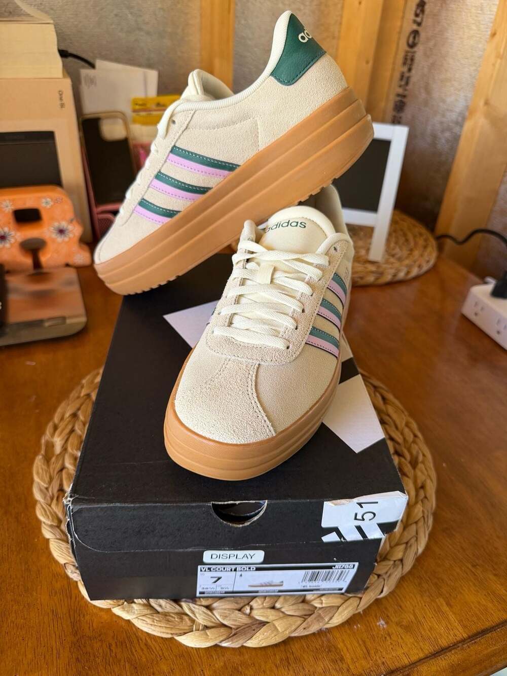 Adidas VL Court Bold Size 7 White Green Pink Platform Sneakers